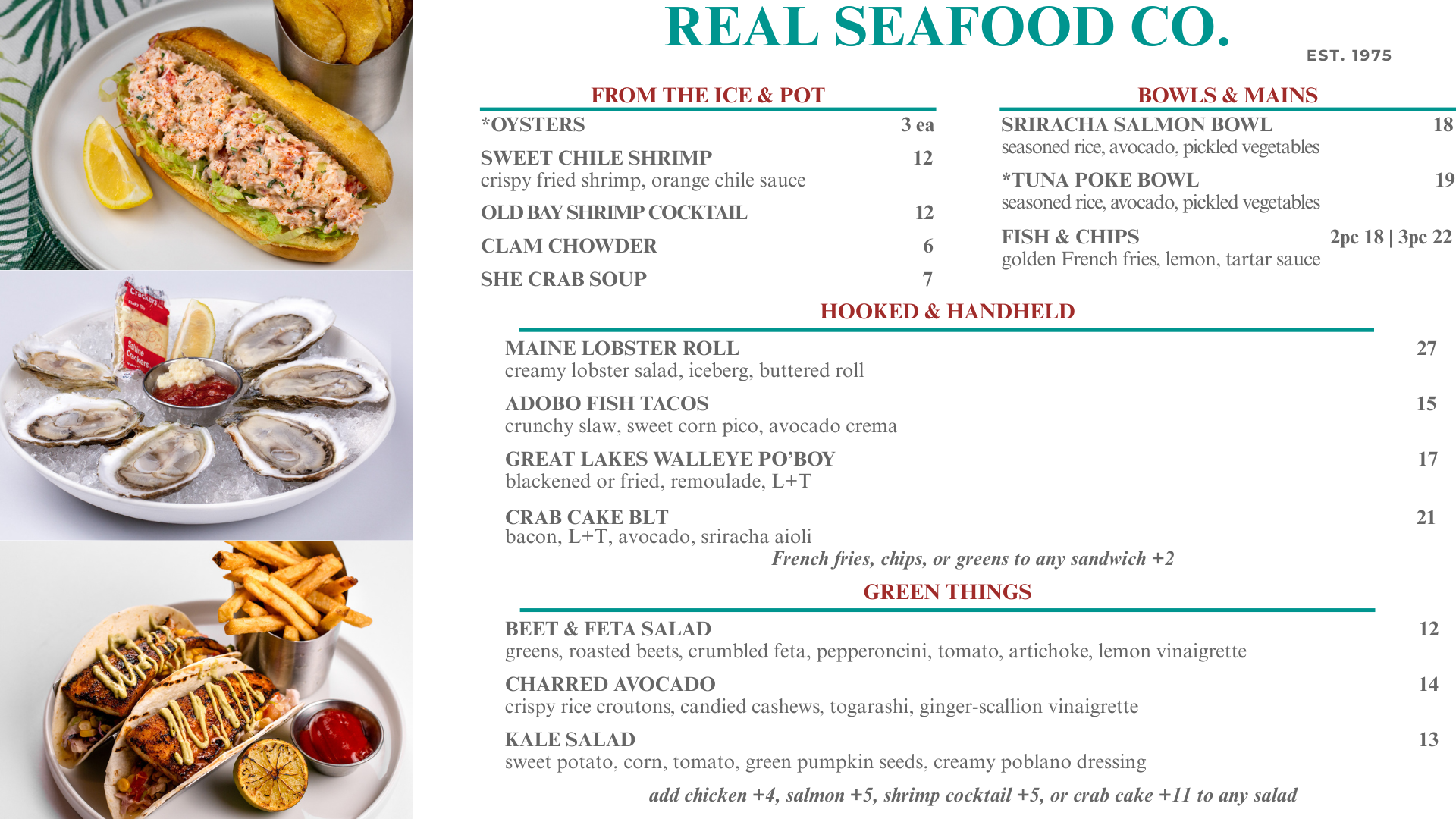 Real Seafood Co Menu. Please go to Order Ahead link for up to date text menu.