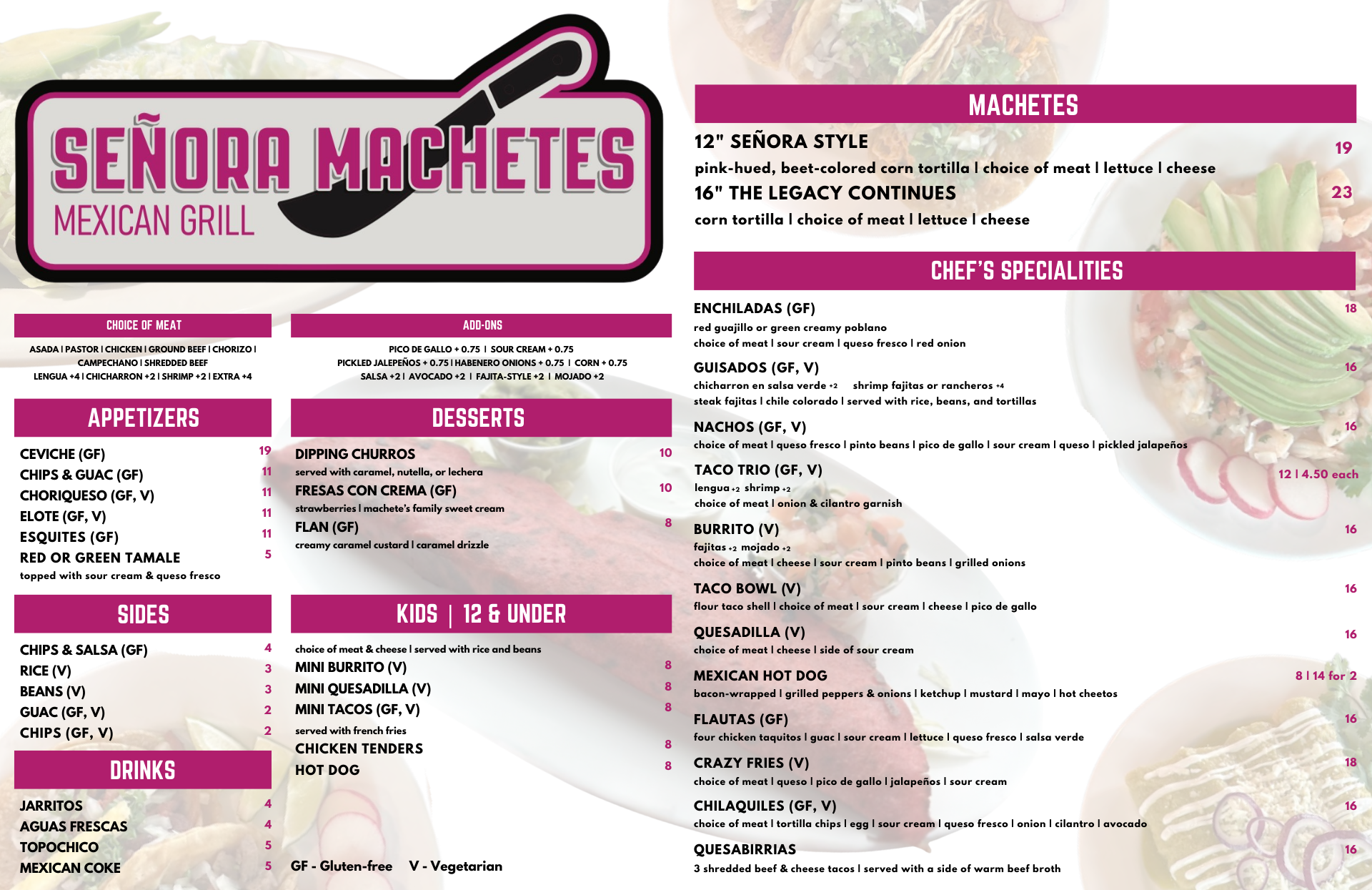 Senora Machetes Menu. Please go to Order Ahead link for up to date text menu.