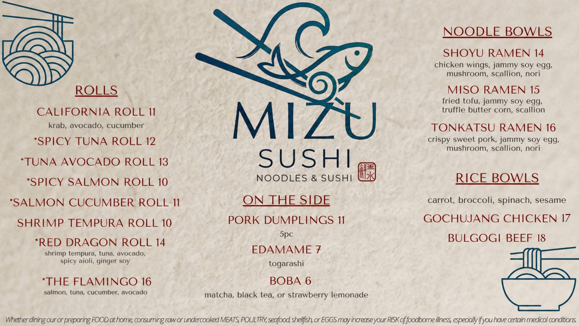 Mizu Noodles & Sushi Menu. Please go to Order Ahead link for up to date text menu.