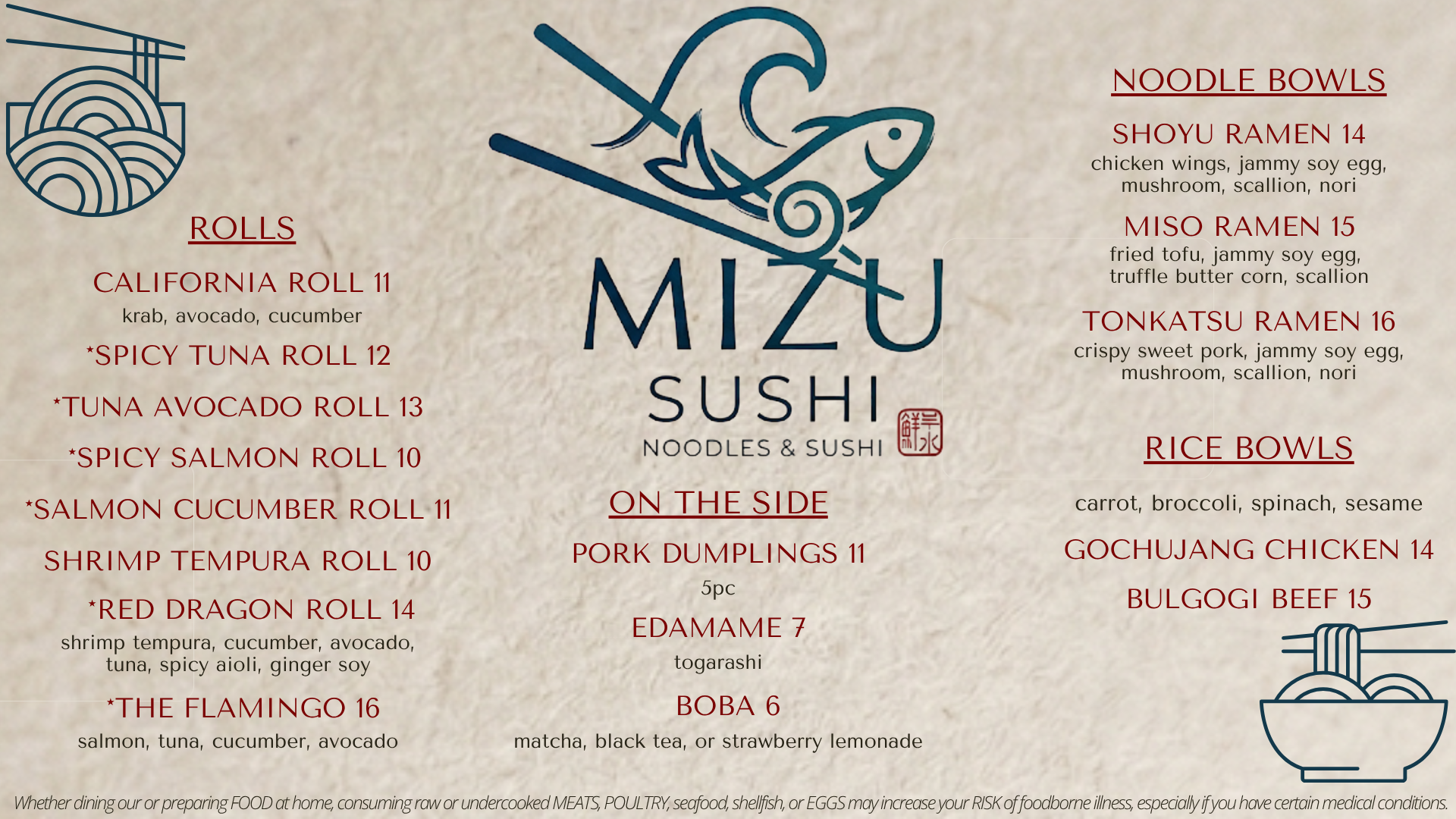 Mizu Noodles & Sushi Menu. Please go to Order Ahead link for up to date text menu.