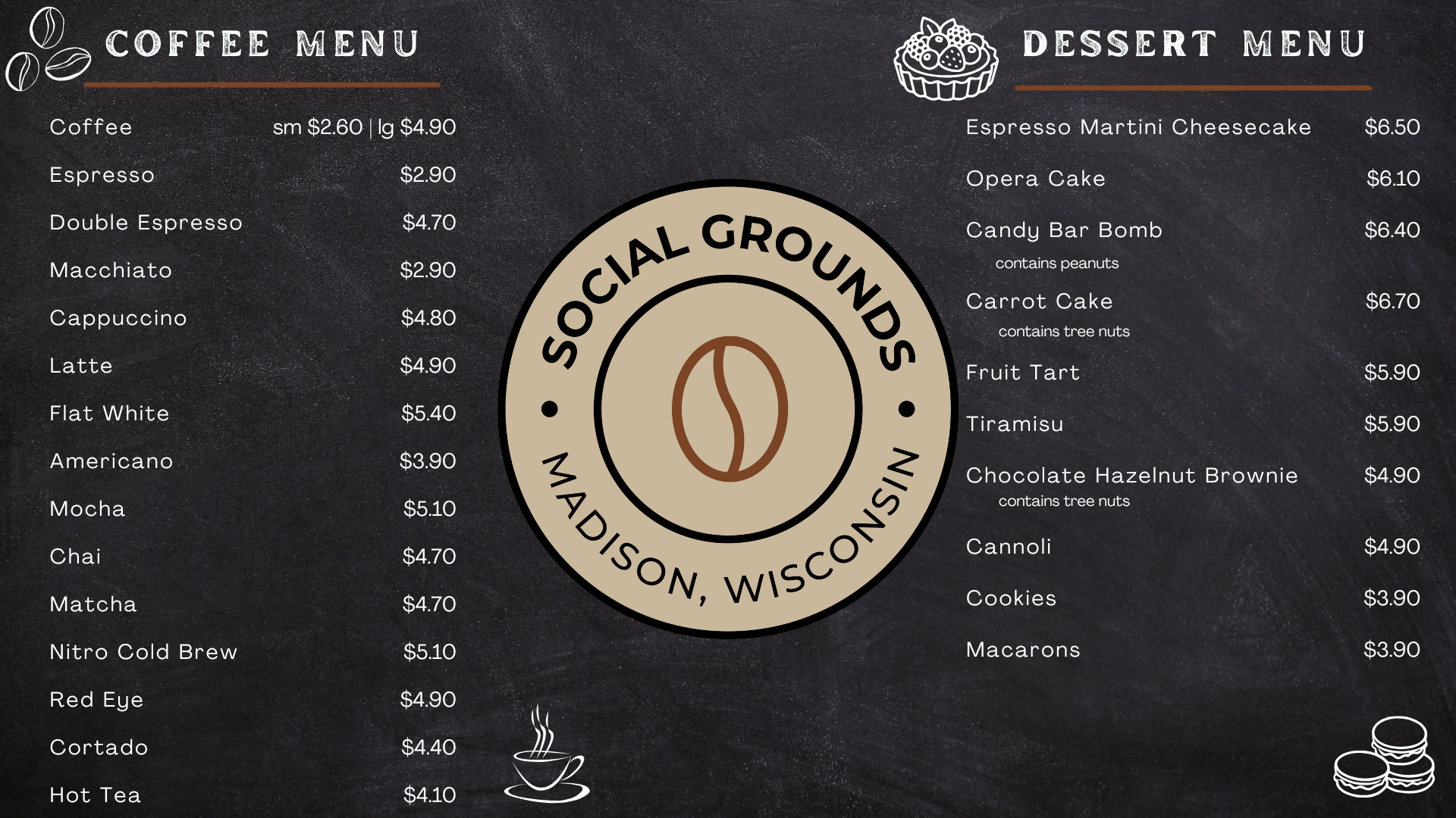 Social Grounds Menu. Please go to Order Ahead link for up to date text menu.